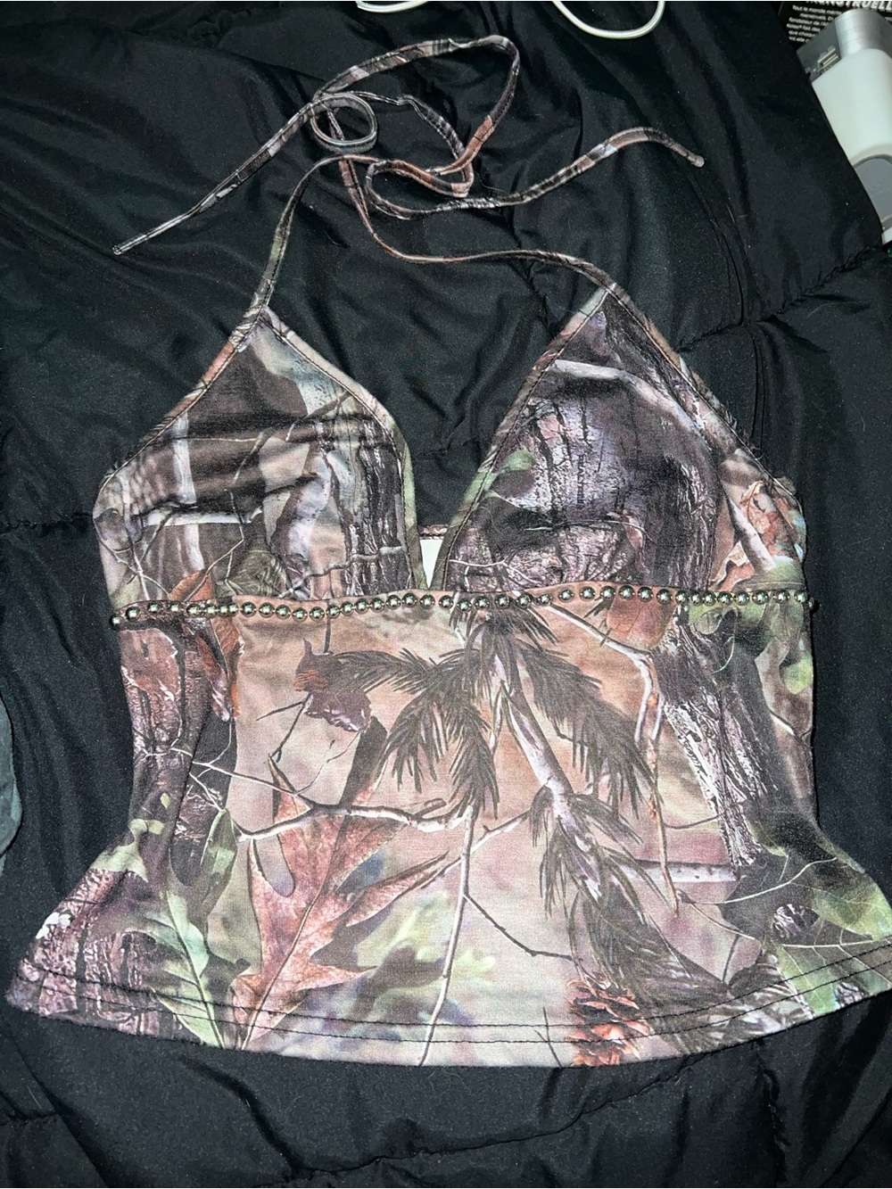 Halter Camo Print Tank Top in Brown